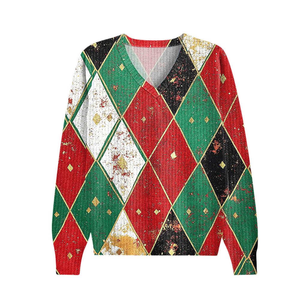 Women's Cute Sweatshirt Knitted Fashion Casual V-neck Long-sleeved Cozy Print Top