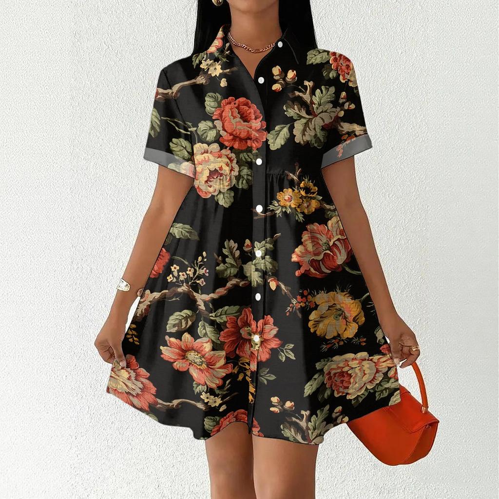 Women Casual Loose Shirt Dress Button Up Stand Collar Short Sleeve Printed Mini Dress Lightweight Tunic Dress