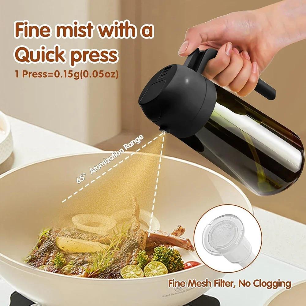 2-in-1 Oil Spray Bottle - Kitchen Cooking Dispenser for Olive Oil & Vinegar, Plastic BBQ Sauce Container with Nozzle Oil Sprayer