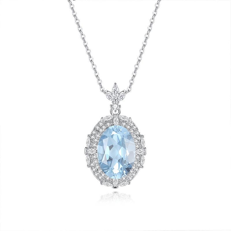 Natural crystal stone oval pendant s925 silver diamond mosaic design collarbone chain niche light luxury fashion jewelry gift