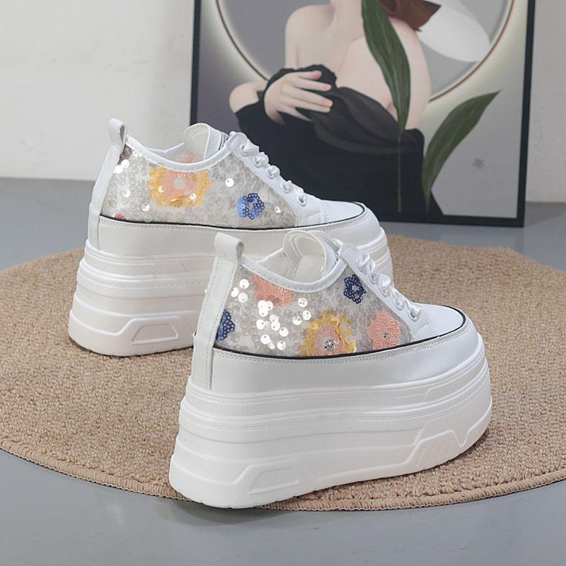 Fashion 10CM Air Mesh Microfiber Leather Fashion Summer Chunky Sneaker Lace Up High Brand Comfy Booties Bling Shoes Women