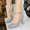 Women's Shoes with Thick Heels, High Heels, Waterproof Platform, Shallow Mouth, Square Toe, Sequins, Straight Strap, Single Shoe