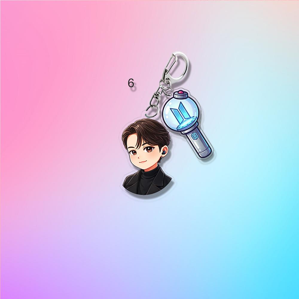 BTS Anime Cartoon & ARMY Bomb Double Acrylic Keychain, Bangtan Boys Cartoon Figure + Lightstick Charm Keyring, Kpop ARMY Fans Bag Pendant