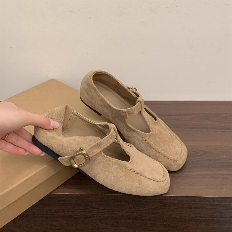 Soft-soled Version~ Retro Brown Flat-bottomed Square-headed Mary Jane Shoes, Autumn New Shallow-mouth Soft-soled Single Shoes, One-pedal Women