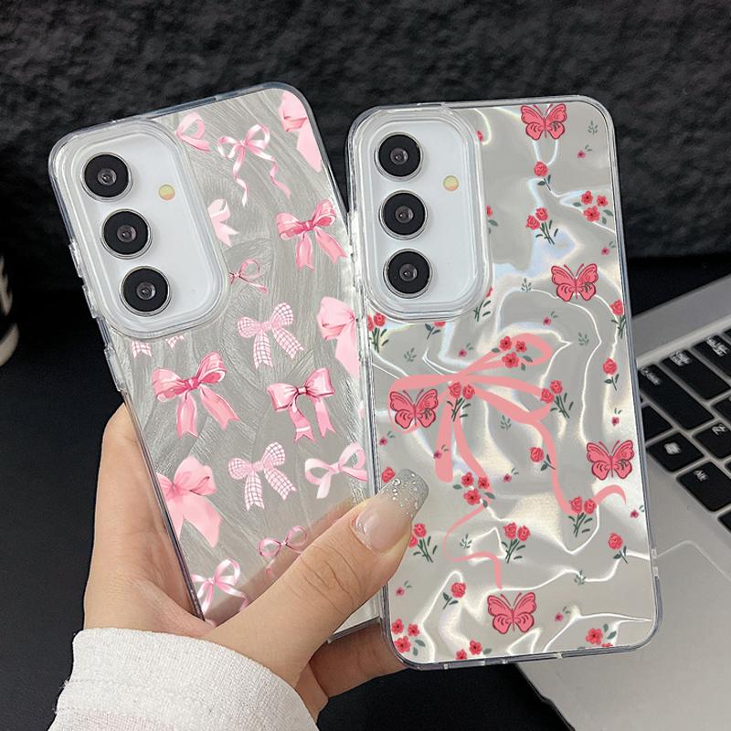 Case For Samsung Galaxy S25 S24 Ultra S23 S24 FE S22 Plus A55 A15 A16 A35 A25 A54 A56 5G Pink Bow Pattern Laser Hard Phone Cover