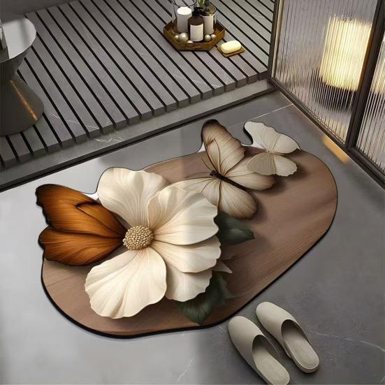 Floor Mat Quick Drying High Water Absorption 3D Realistic Butterflies Floral Pattern Anti-Slip Bathroom Mat Entryway Kitchen Rug