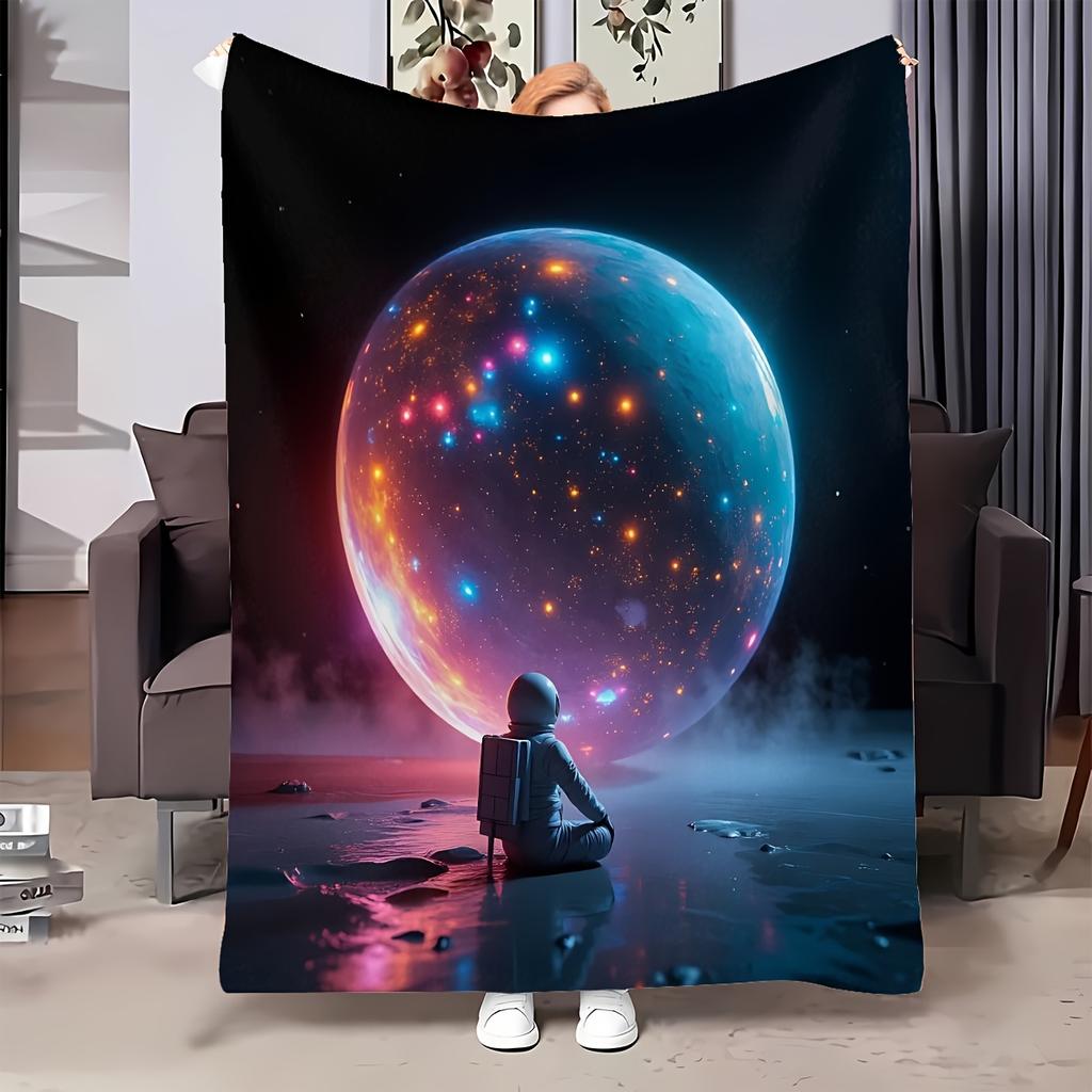 1 Stück Flanell Astronaut Weltraumdecke - Weiche Plüsch Galaxie & Nebel Überwurf mit Astronaut & Planeten, Ganzjahres-Tagesdecke, Sofa