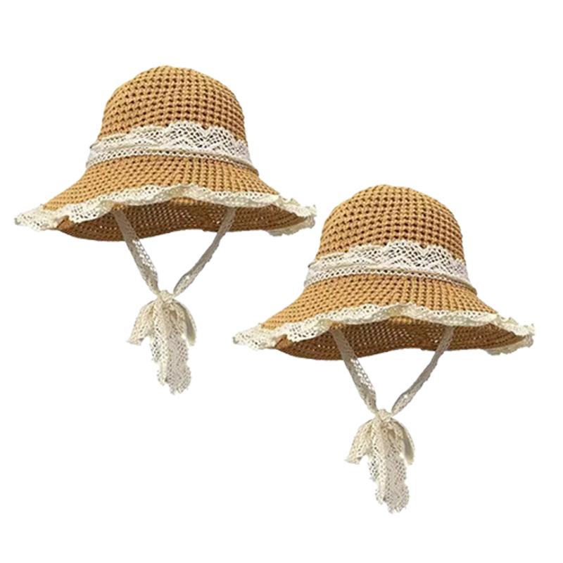 

2 Pcs Women Lace Trim Wide Brim Straw Hat Boho Beach Sun Hat with Ribbon Tie, UV Protection Beach Foldable Packable, Sun Hat