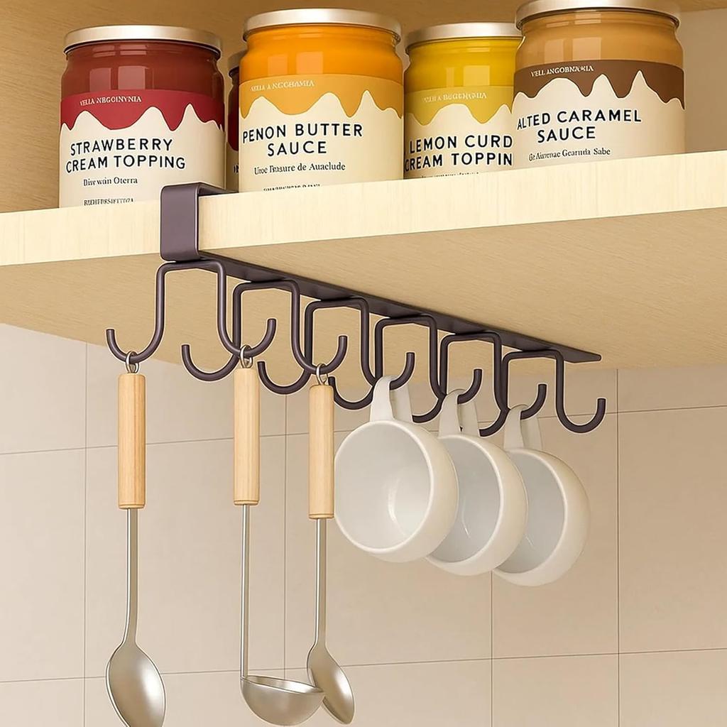 2 Pack Under Cabinet Hook Rack, 12-Hook Double Row Metal Hanging Organizer for Kitchen Utensils, Mugs, Closet Accessories, No Drill Shelf Hanger –