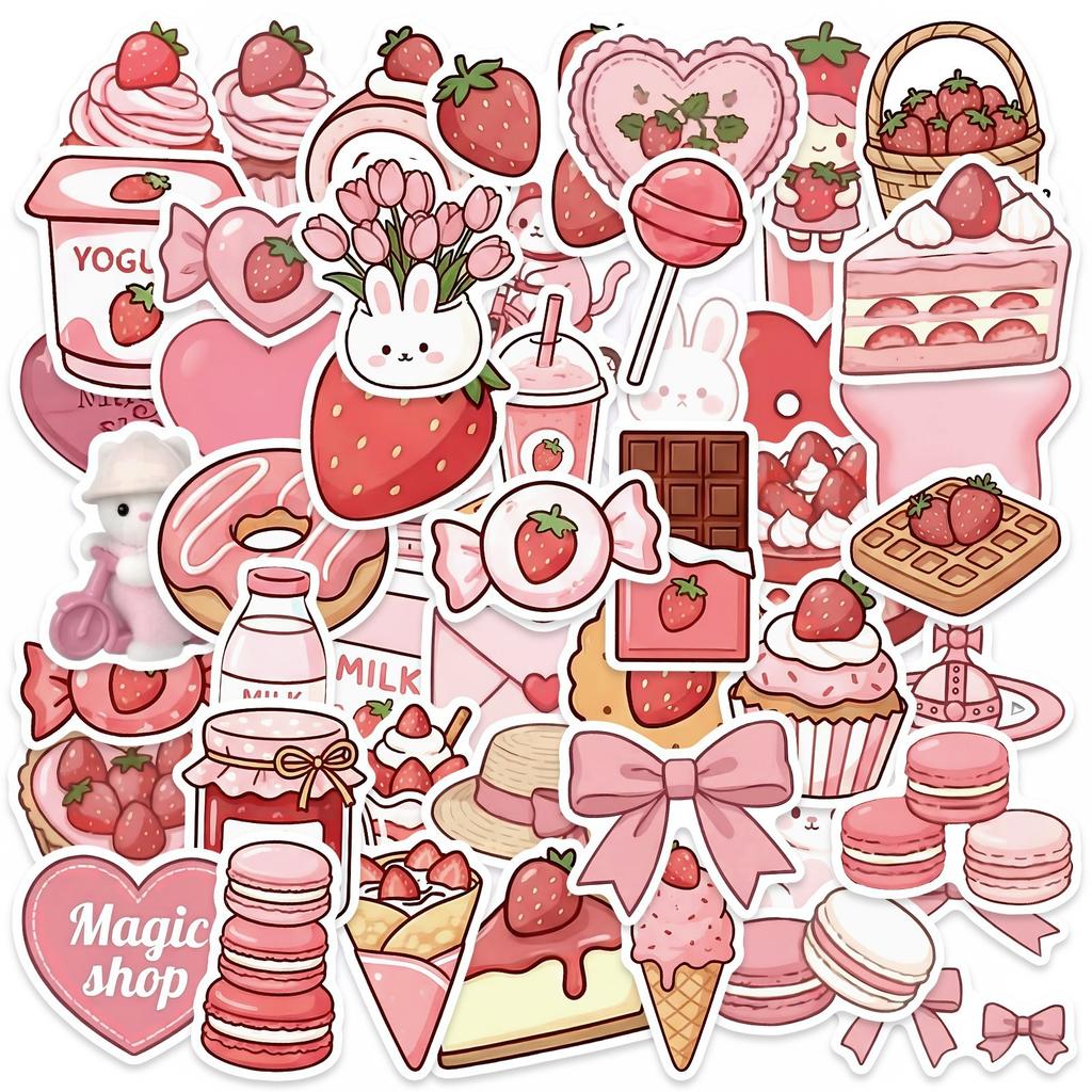 50 Cute Pink Dessert Bunny Stickers Waterproof Girl Heart Stickers Kawaii Pink Dessert Stickers