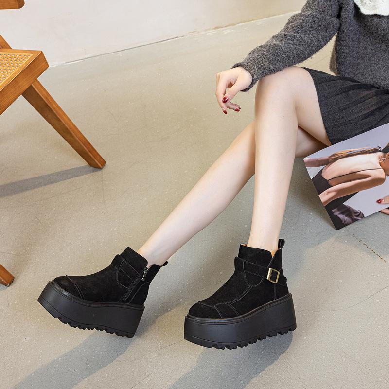 

Fashion 8CM Suede Cow Genuine Leather Fashion Women Ankle Booties Spring Shoes Chimney Platform Wedge Winter Warm Plush Autumn Boots 39 чорний