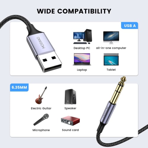 MOSWAG USB to 6.35mm Audio Cable with Recording Function, USB Guitar Cable, USB 6.35mm Male to TRS Stereo Cable for Microphones, Guitars, Basses, Spea
