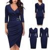 Solid Color Women V Neck 3/4 Sleeve High Waist Belted Irregular Pencil Dress