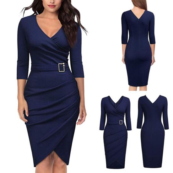 Solid Color Women V Neck 3/4 Sleeve High Waist Belted Irregular Pencil Dress