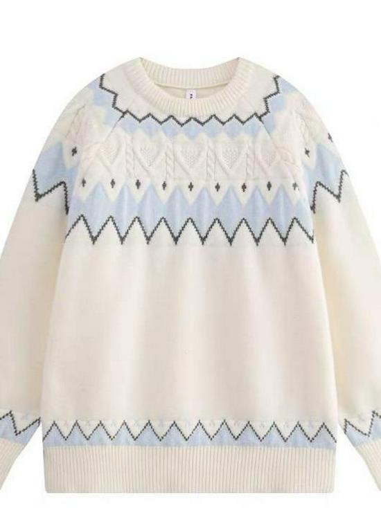 White Fair Isle Retro Women's Pullover - Autumn/Winter Korean Style, Soft Round Neck Loose Knit Sweater