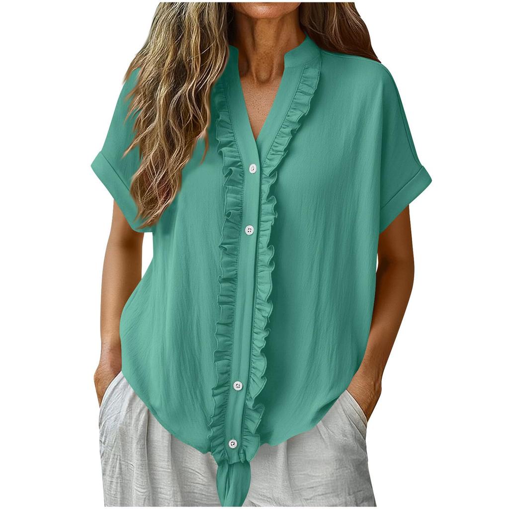 Women's Casual Short-Sleeve Cotton Linen Ruffled Button-Up Shirt