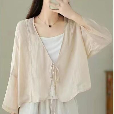 Summer Breathable Casual Thin Sunscreen Top Loose V-neck Lace-up Cardigan Short Jacket