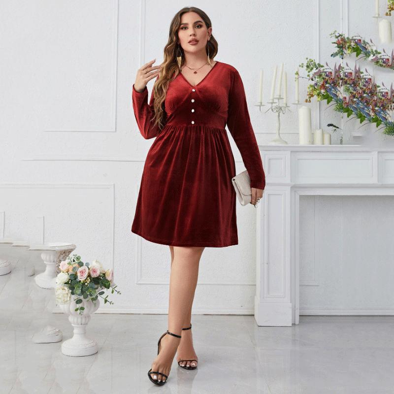 New Women’s V-neck Long Sleeve Red Dress High Waist Slim Comfortable Breathable Dress Casual Fashion Plus Size Mid Party Dress