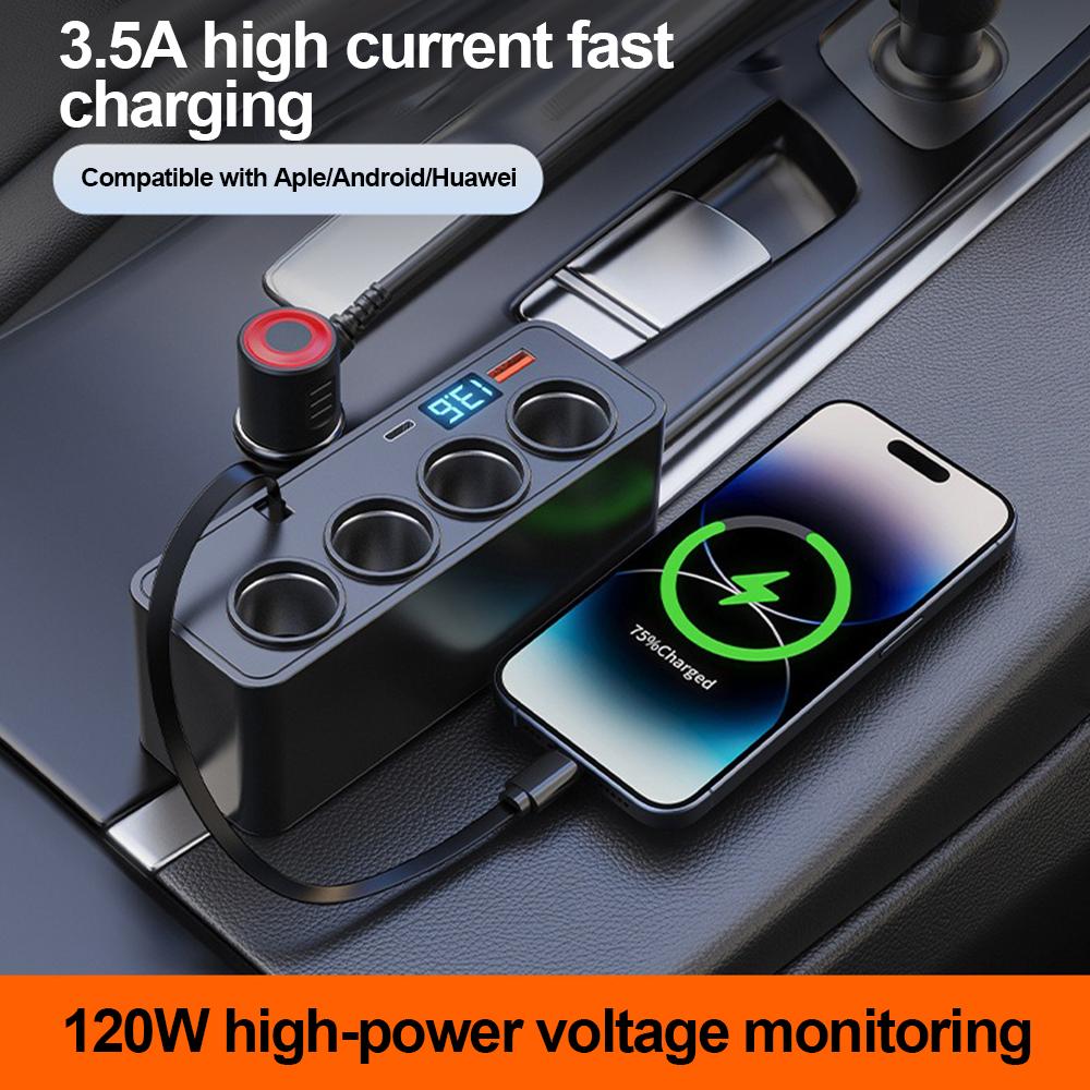 120W USB Car Charger with Retractable Cable QC3.0+PD30W Quick Charging Power Adapter USB Phone Charger 12V 24V Car Cigarette Lighter Splitter