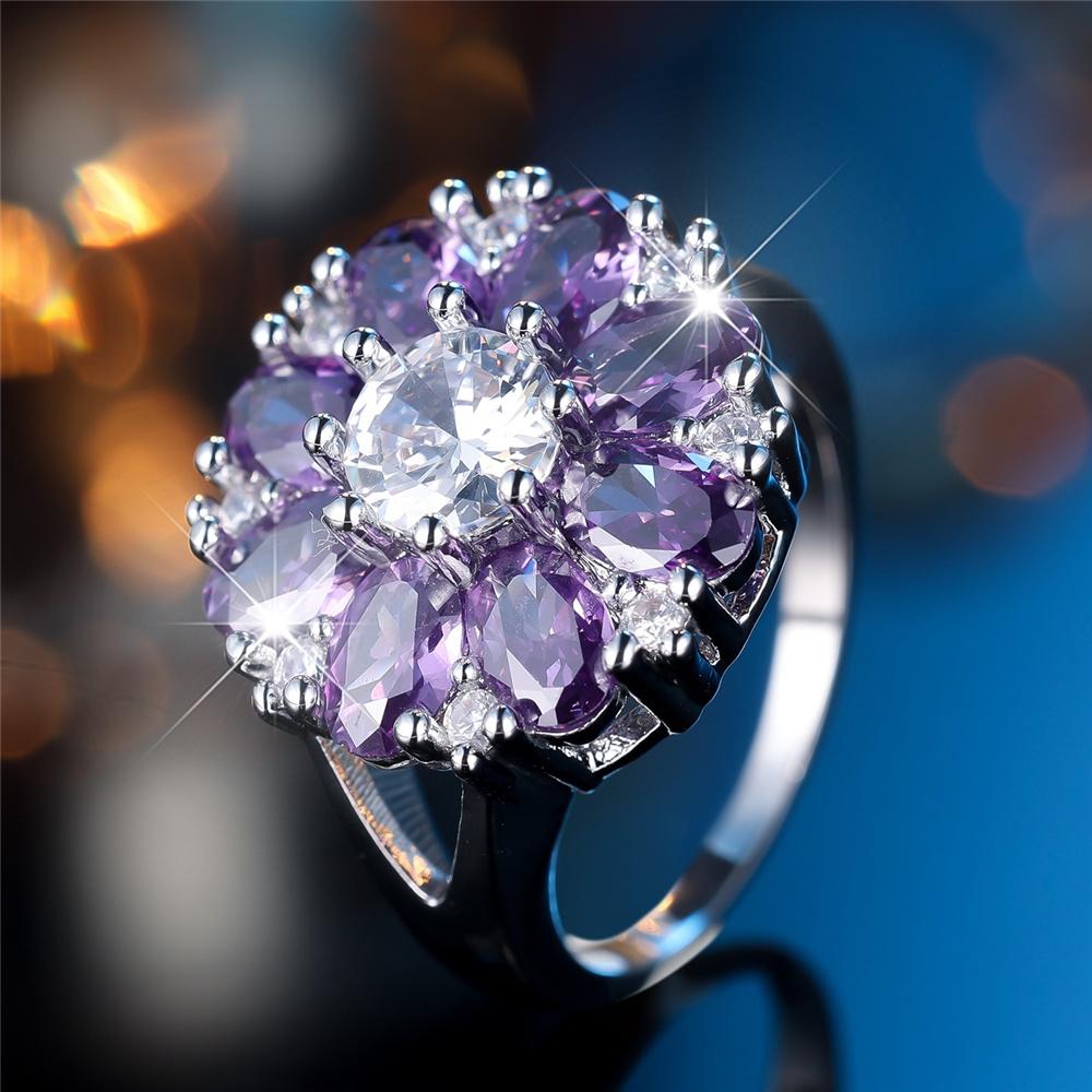 Cute Female Purple Zircon Stone Flower Ring Silver Color Engagement Charm Wedding Jewelry For Women