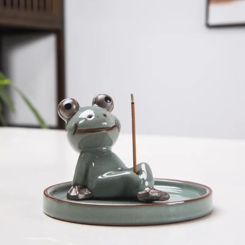 1pc Handmade Ceramic Incense Stick Burner Cute Frog Incense Censer Geyao Tea Pet Incense Tray Mini Cute Animal Statue Home Decor