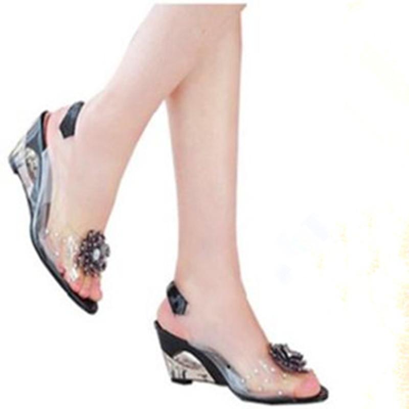 Wedges Sandals Women Summer Sweet Flowers Transparent Open Toe High Heels Sandals Fish Mouth Sandals Plus Size 30-45