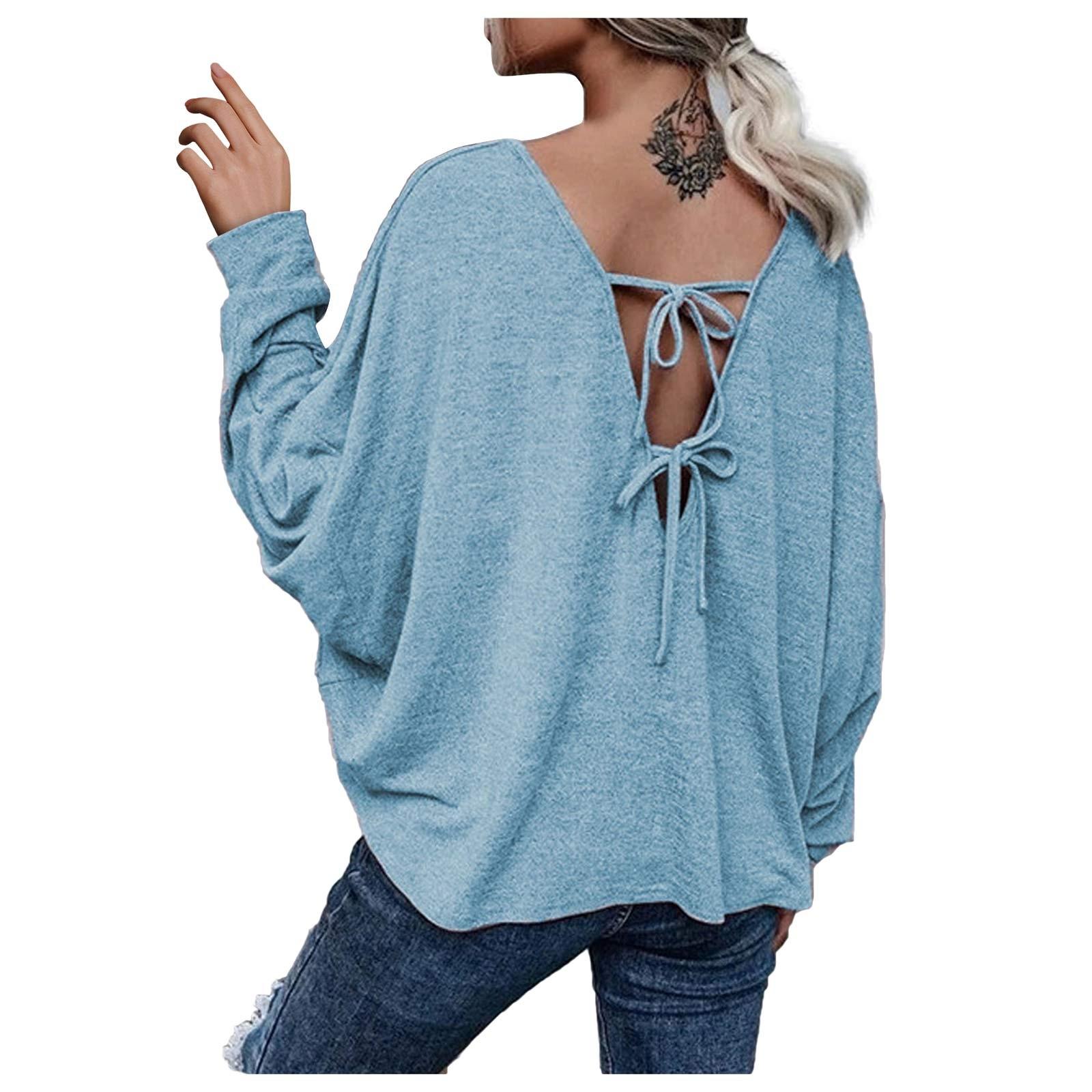 

Женская модная повседневная новая однотонная свободная футболка с открытыми плечами и топом L небесно-голубой