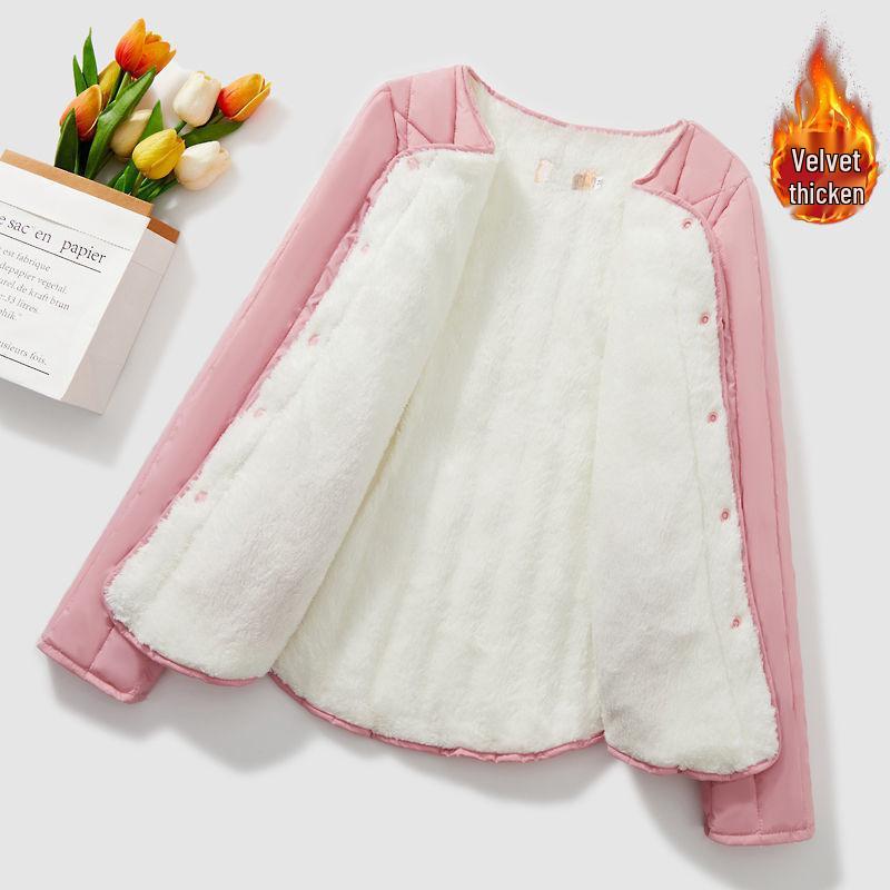 

Women s Short Fleece-Lined Cotton Jacket - Autumn/Winter Close-Fit Mom Style 2XL for 55-60 kg