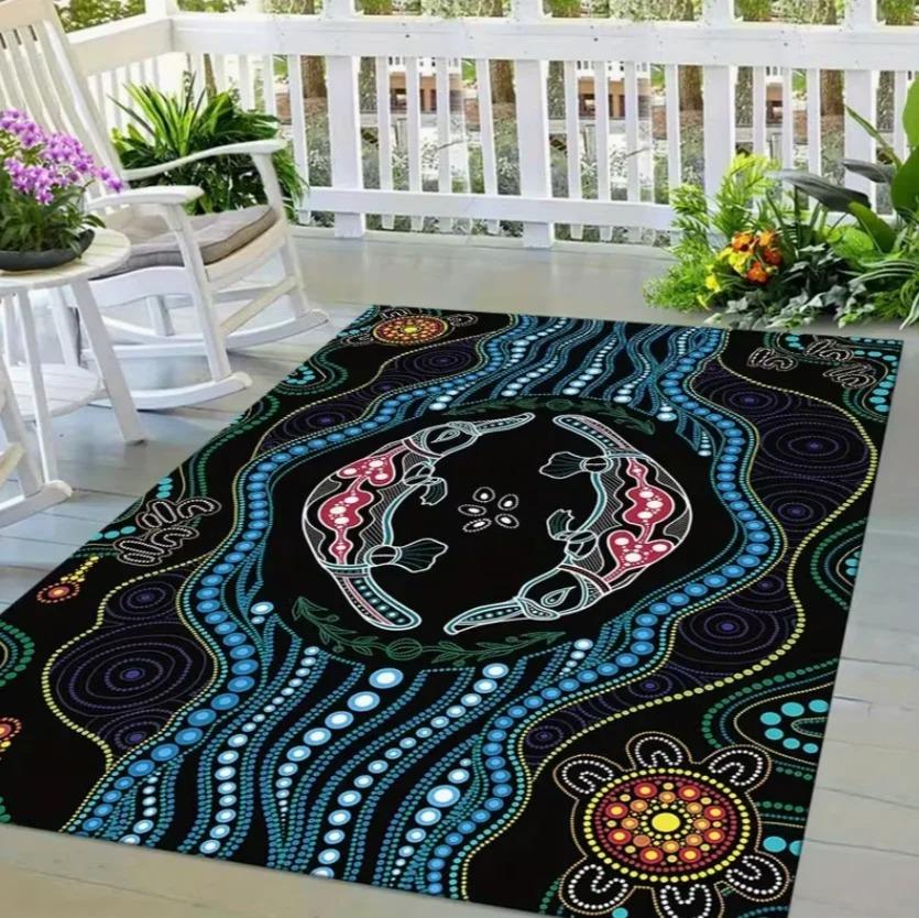 Aboriginal Art Design Non-Waterproof Polyester Tent Footprint Decorative Floor Mat for Patio Camping Living Room and Bedroom