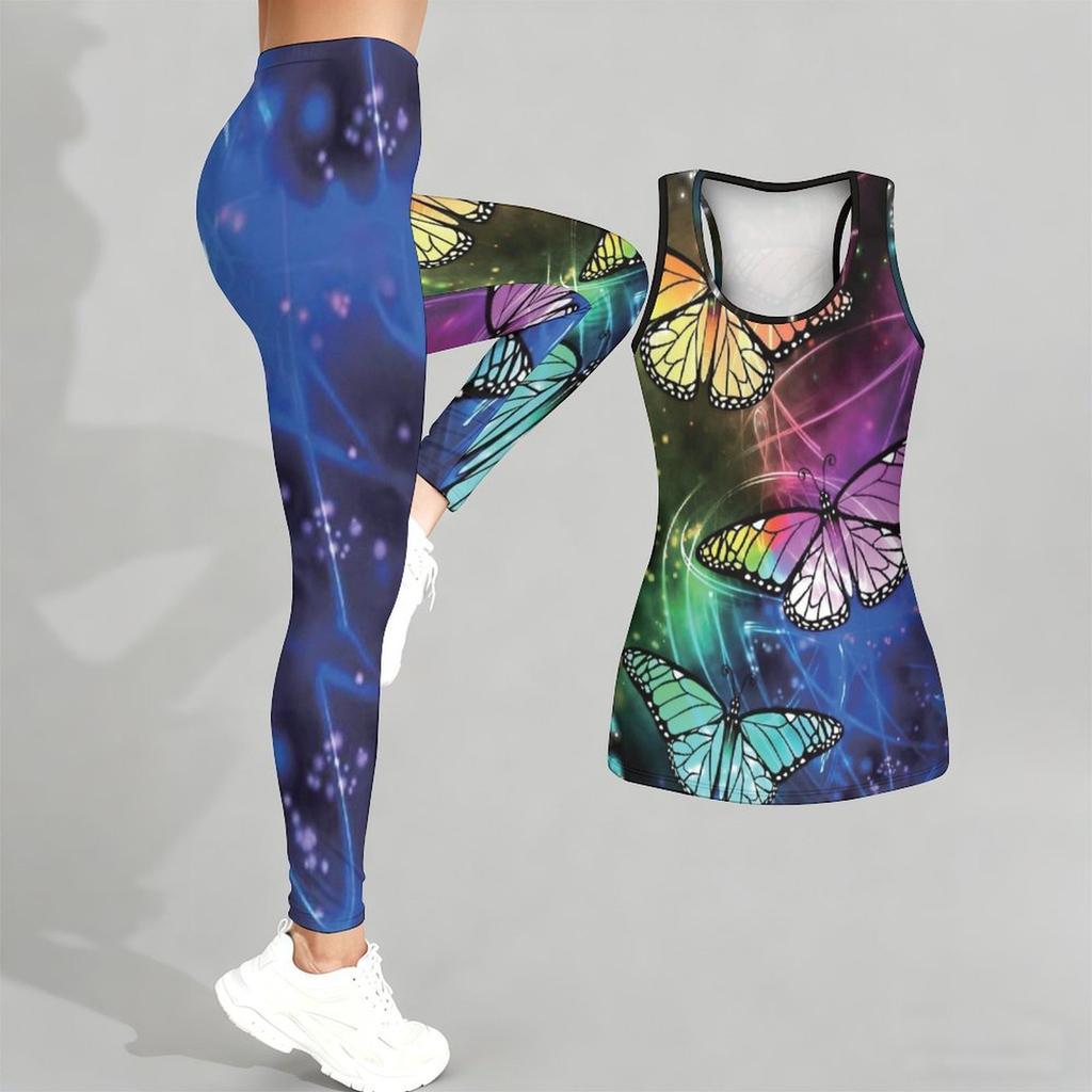Completo Yoga con Stampa Farfalla per Donna Moda Leggings da Allenamento Fitness Sportivo Set Yoga Casual Tuta Sportiva