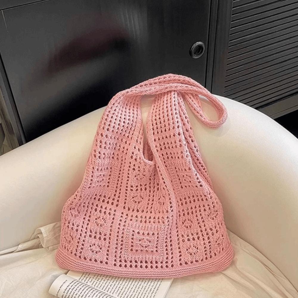 Hollow Crochet Mesh Bag Solid Color Beach Tote Bag Fashion Knitting Shoulder Bag  Ladies