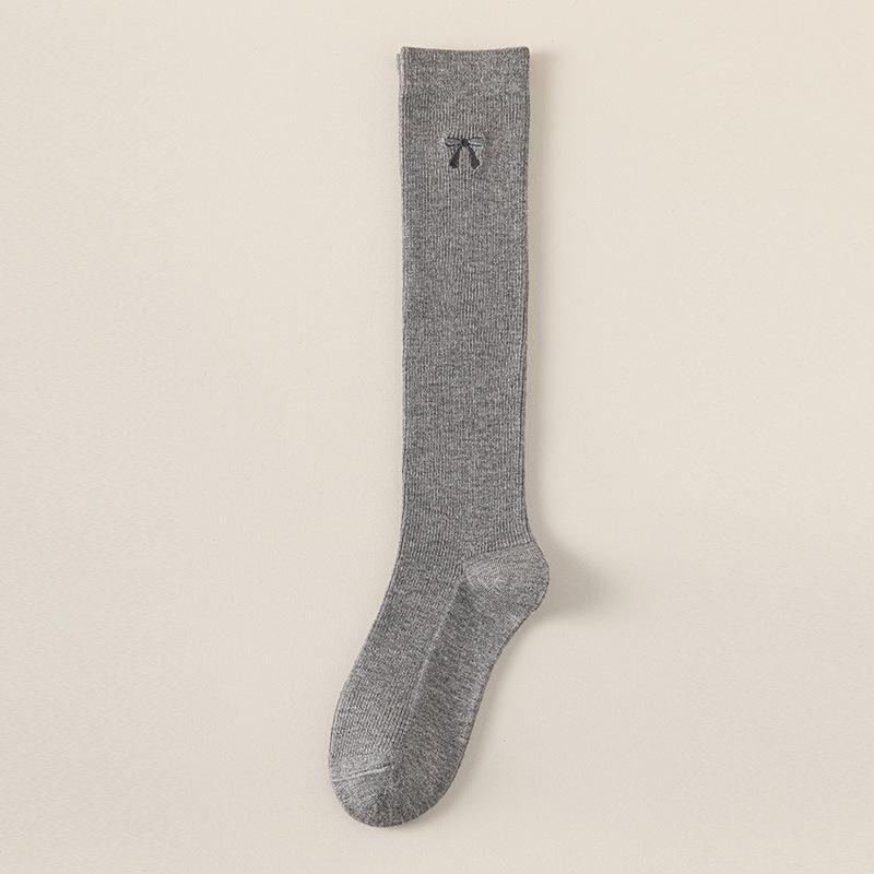 Calf Socks, Women's Embroidered Bow Socks, Spring and Autumn Ballet Style Long Stockings, Double-needle Cotton