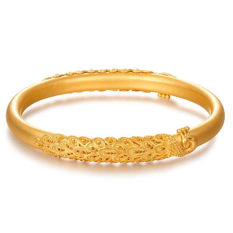 Vietnamese Sand Gold Peacock & Dragon Bracelet: Retro Silk Peony Design, Copper-Plated, Brings Auspiciousness, Noblewoman Jewelry.