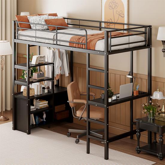 Loft Bed, 90x200cm, No Mattress, Bed with Desk, Socket And USB, Multiple Shelves, Open Storage Cabinet, Railing, Ladder, Iron Frame,