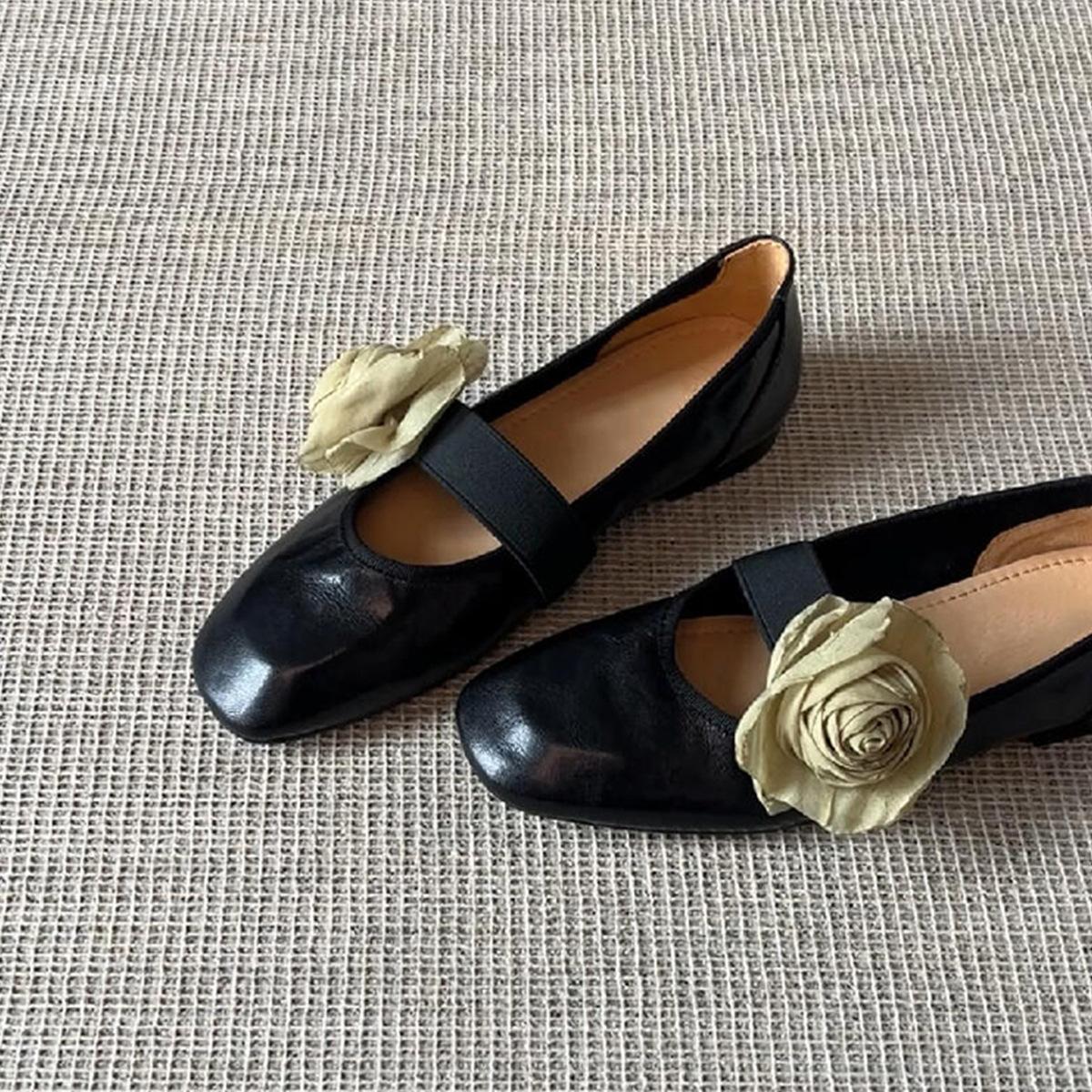 

Sheepskin version~ Removable flower word with shallow mouth ballet shoes women s French simple and gentle flat Mary Jane shoes 40
