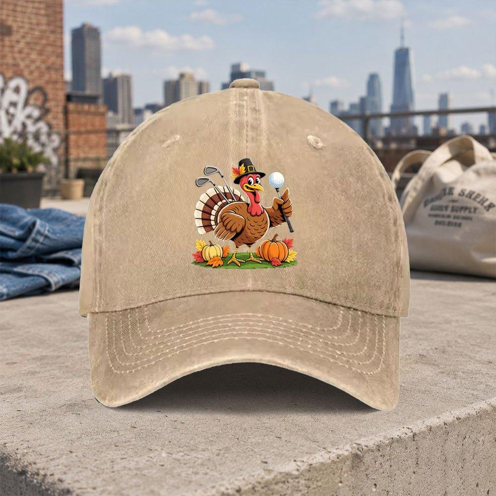 Thanksgiving Turkey Golf Vintage Washed Baseball Cap Unisex Dad Hat Casual Holiday Gift