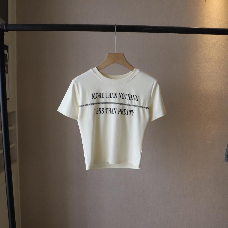 

Би Чжэн 2025 Женская футболка в корейском стиле, приталенная, повседневная, с круглым вырезом, с короткими рукавами и надписью One Size