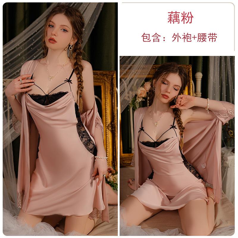 

Satin pleated collar contrasting lace perspective temptation suspender nightdress robe women s home set M