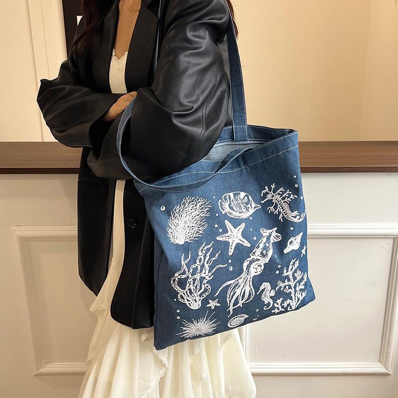 Denim Tote Bag For Women Large Capacity Casual School Shopping Shoulder Bag