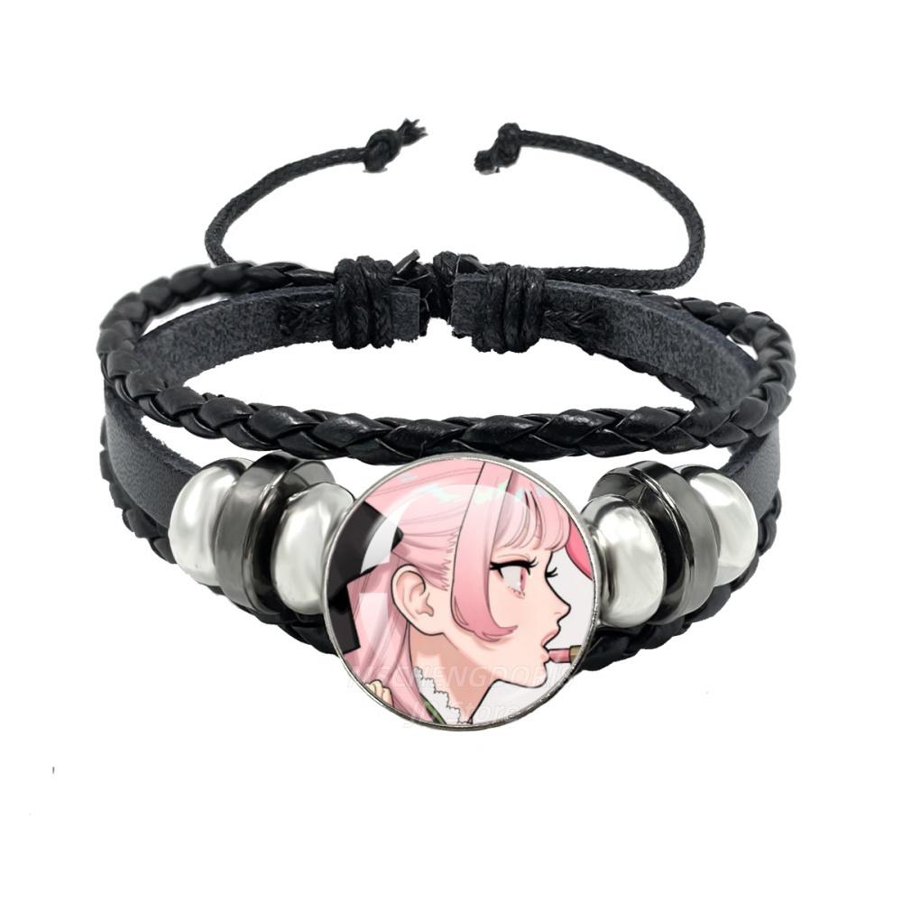 Manga Gokurakugai Cartoon Character Glass Cabochon Black Leather Bangle Bracelet Jewelry Charm Fans Gift MS013