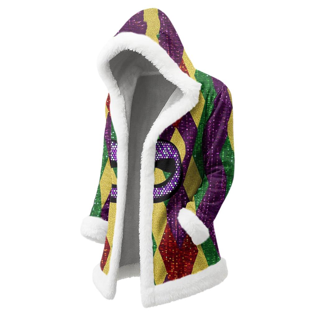 Unisex Casual And Fashionable Plush Collar Hooded Long Sleeved Carnival Print Jacket