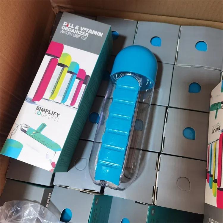 Multifunkční Vysoce Kvalitní 600ML Polykarbonátová Láhev na Vodu s Dávkovačem na Léky, Organizér na Léky, Nádoba na Pití, Bez BPA