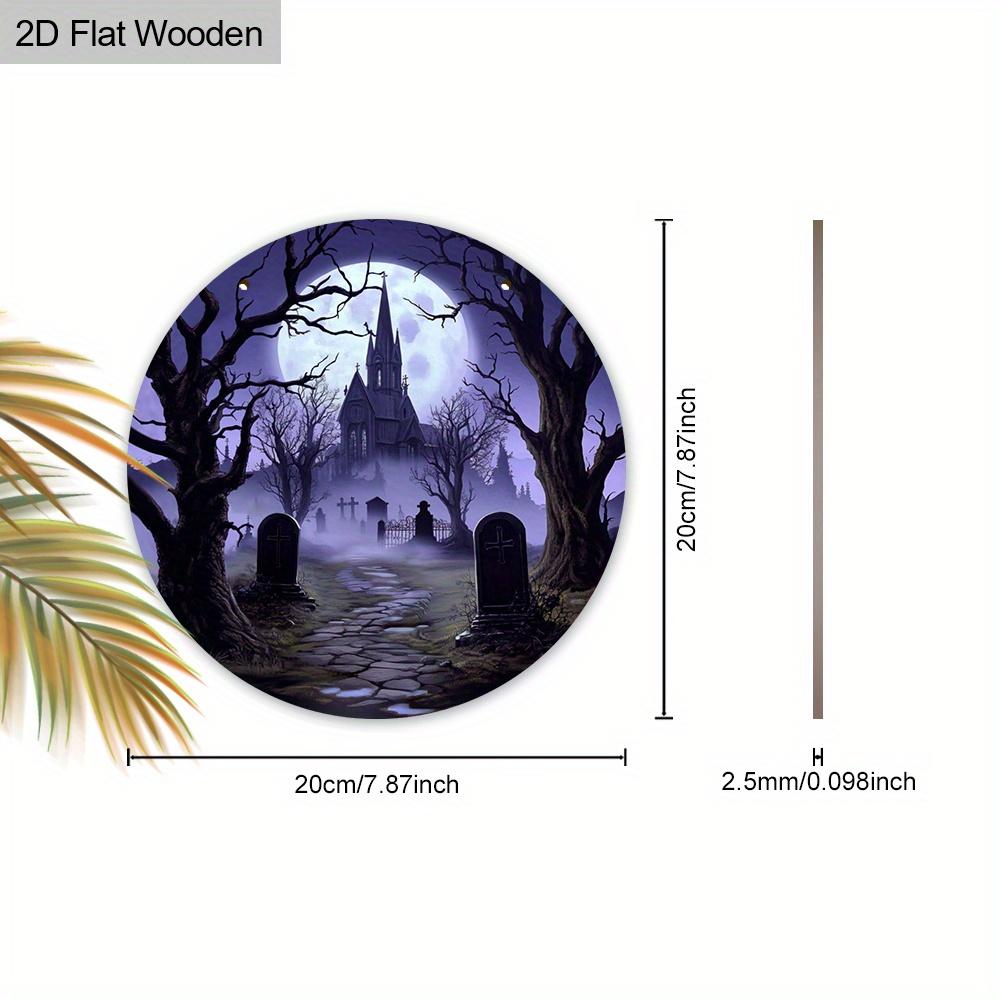 2D Flat 1pc Wooden Halloween Decorative Sign, 7.87x7.87 Inches Church Graveyard Moonlight Night Scene Halloween Decor, Yard Door Porch Window Wall