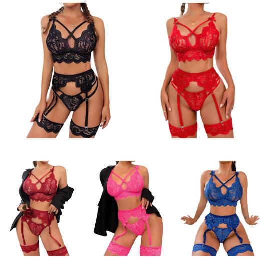 3ks/sada Křížová ramínka s mašličkou Dekor Podprsenka Tanga Podvazkový set Dámská průhledná dutá výšivka Krajka Podprsenka Kalhotky Korzet