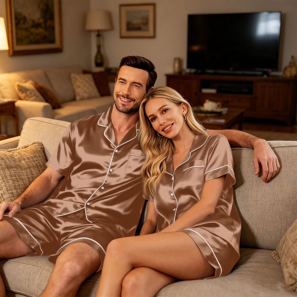 Couple Matching Pajama Set Short Sleeve Button Down Shirt and Shorts Soft Lightweight Lounge Sleepwear Set S-XXXXL for Men and Women