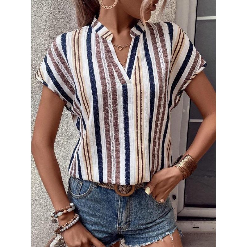 Summer New Fashion Women's Striped Printed V-neck Bat Sleeve Shirt Top