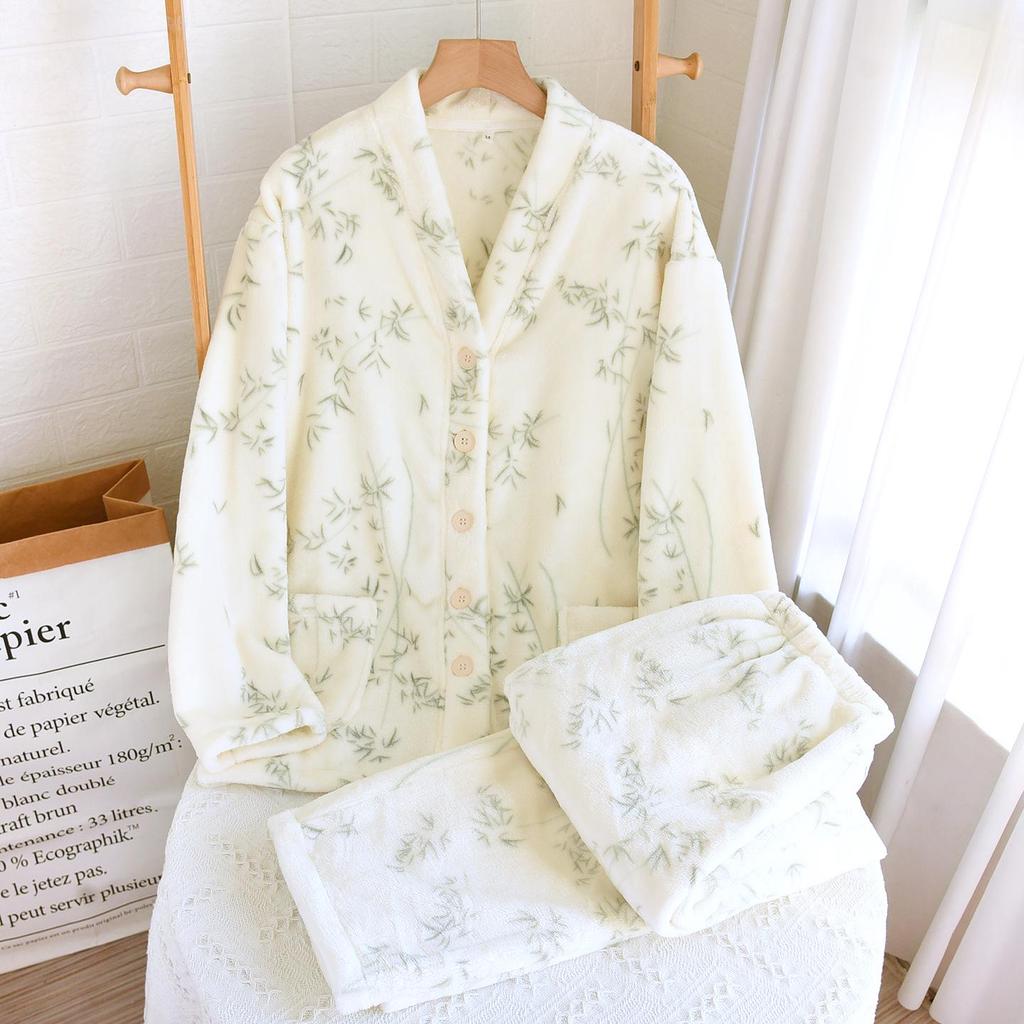 Women's Thick Flannel V-Neck Pajama Set - Warm Long Sleeve Cardigan Style for Home or Outdoors