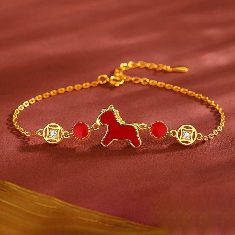 Vintage Red Enamel Horse Pendant Bracelet Zircon Women Chain Bracelet Jewelry