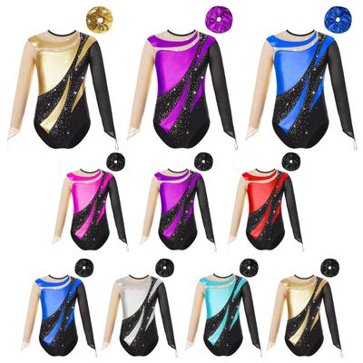 Kids Girls Gymnastic Performance Outfit Mesh Long Sleeve Keyhole Back Leotard Patchwork Bodysuit with Hair Band