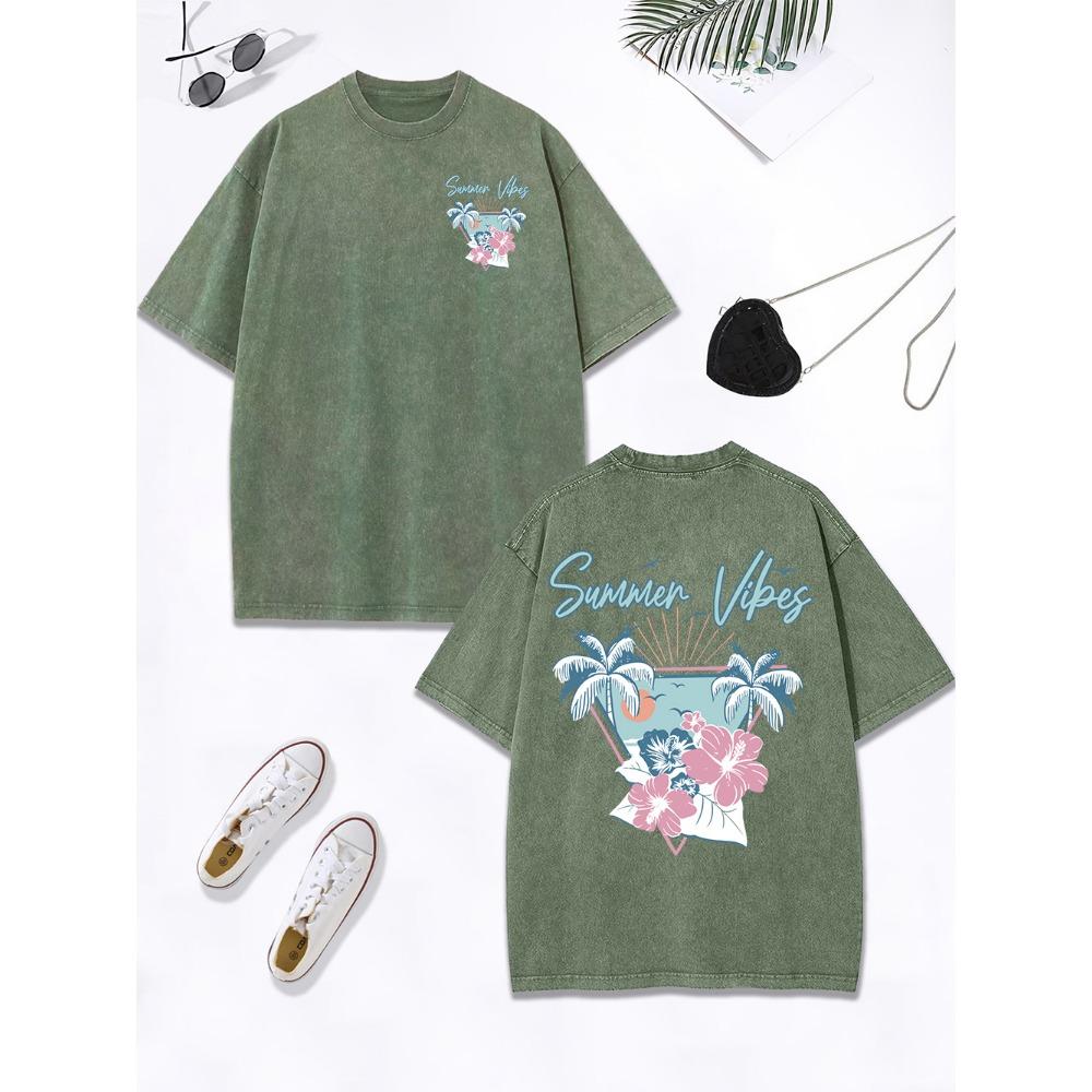 Summer Vibes Hawaii Beach Prints Washed T-Shirts Womens Cotton Oversized Tops Distressed T Shirts Street Womans Clothes